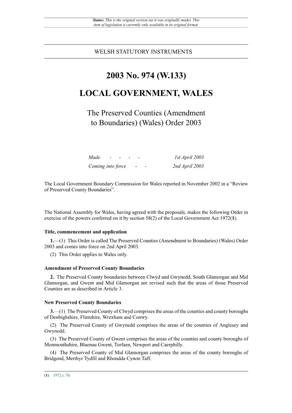 The Preserved Counties (Amendment to Boundaries) (Wales) Order 2003