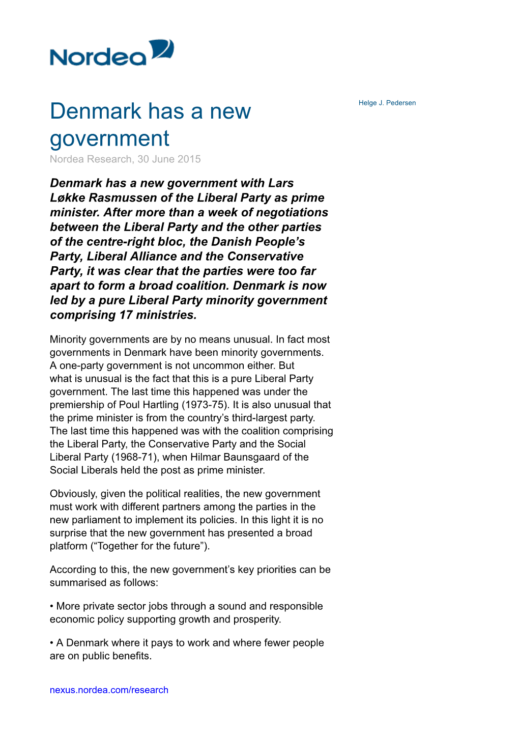 Denmark Has a New Government Nordea Research, 30 June 2015