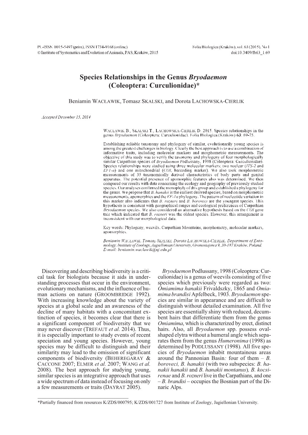 Species Relationships in the Genus Bryodaemon (Coleoptera: Curculionidae)