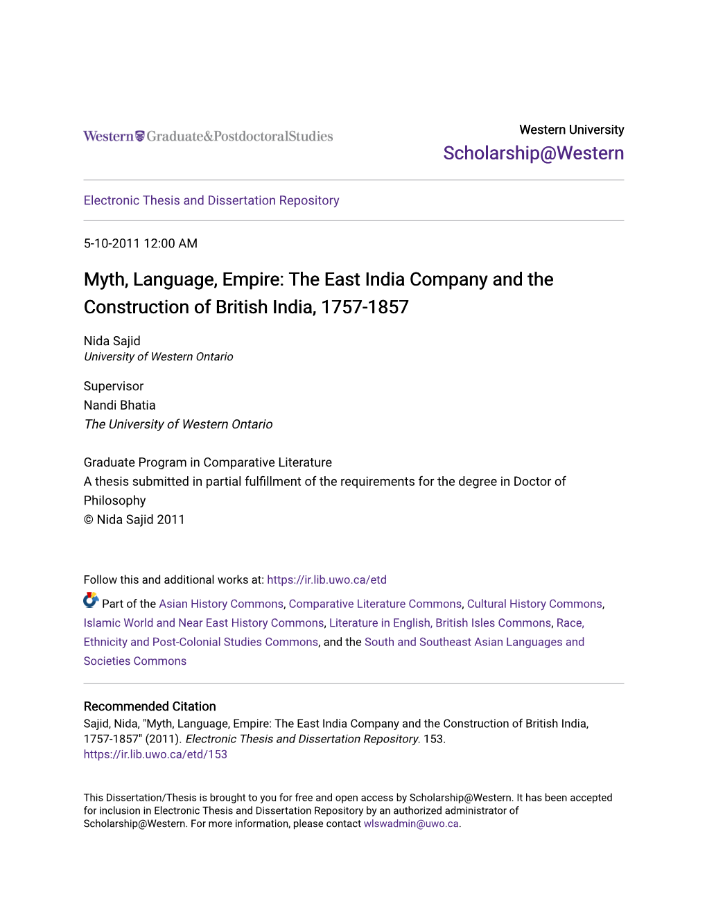 Myth, Language, Empire: the East India Company and the Construction of British India, 1757-1857