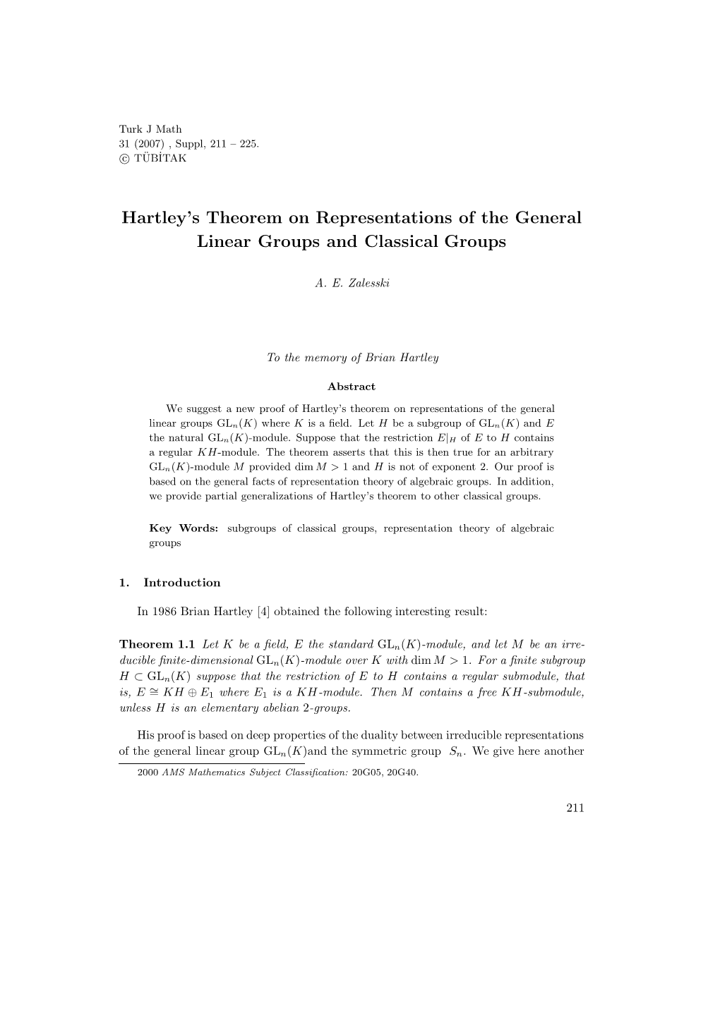 Hartley's Theorem on Representations of the General Linear Groups And