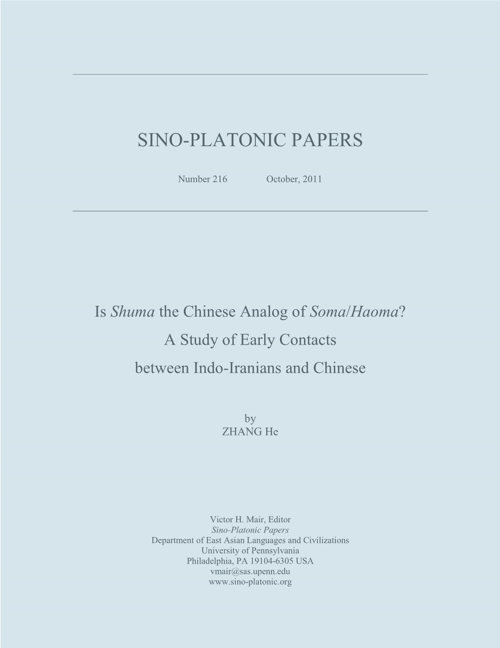 Is Shuma the Chinese Analog of Soma/Haoma? a Study of Early Contacts Between Indo-Iranians and Chinese