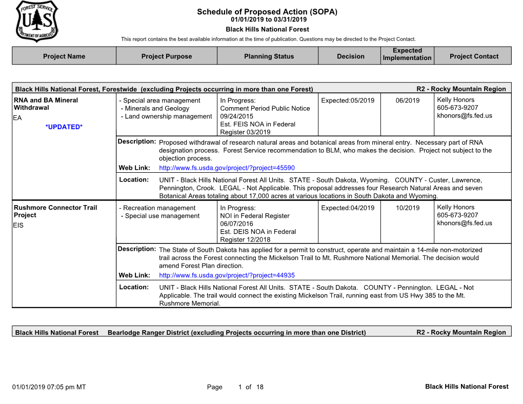 SOPA) 01/01/2019 to 03/31/2019 Black Hills National Forest This Report Contains the Best Available Information at the Time of Publication