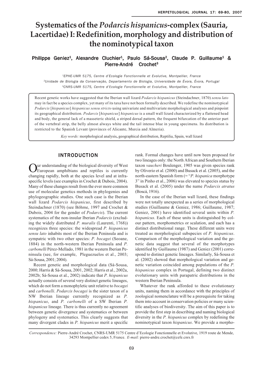 Systematics of the Podarcis Hispanicus-Complex (Sauria, Lacertidae) I: Redefinition, Morphology and Distribution of the Nominotypical Taxon