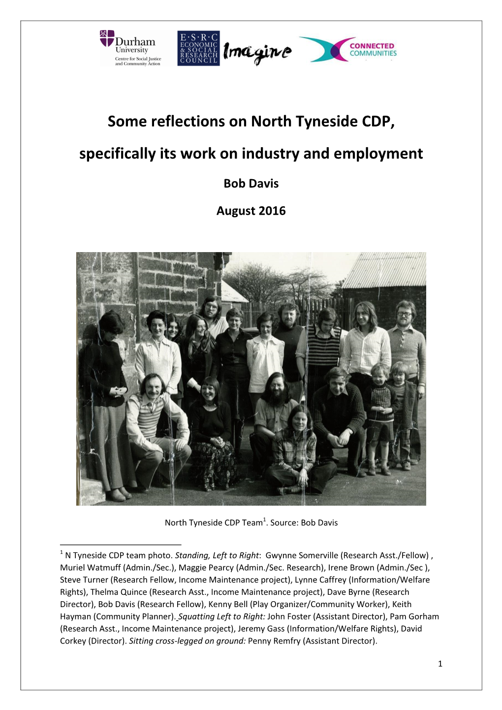Some Reflections on North Tyneside CDP, Specifically Its Work on Industry and Employment