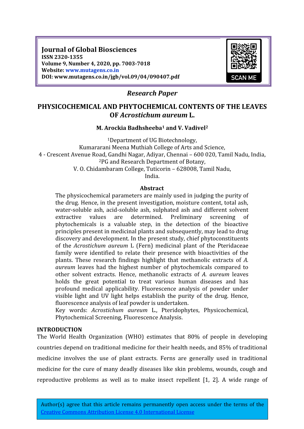 Research Paper PHYSICOCHEMICAL and PHYTOCHEMICAL CONTENTS of the LEAVES of Acrostichum Aureum L