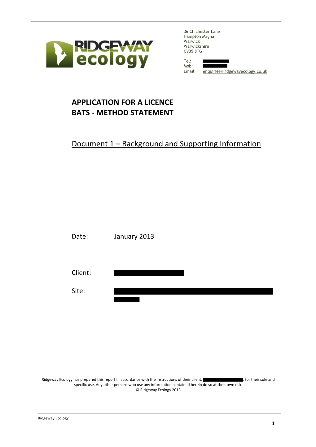 Application for a Licence Bats ‐ Method Statement