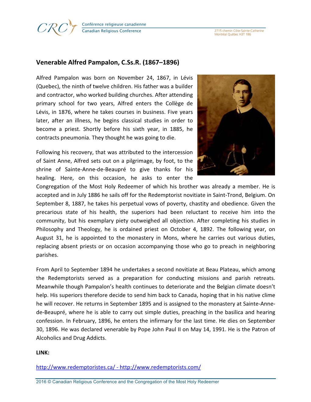 Venerable Alfred Pampalon, C.Ss.R. (1867–1896)
