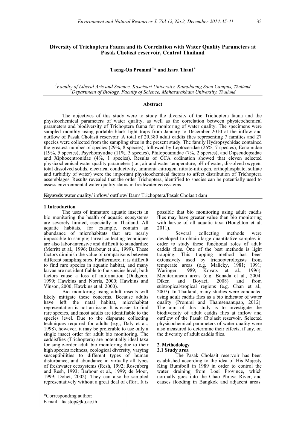 Diversity of Trichoptera Fauna and Its Correlation with Water Quality Parameters at Pasak Cholasit Reservoir, Central Thailand