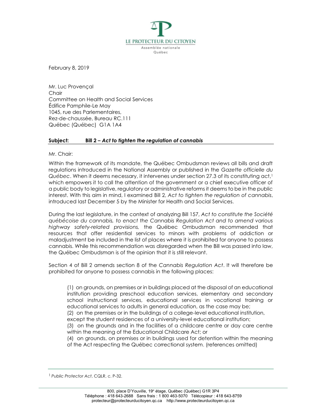 The Québec Ombudsman's Letter to the Chair of the Committee On