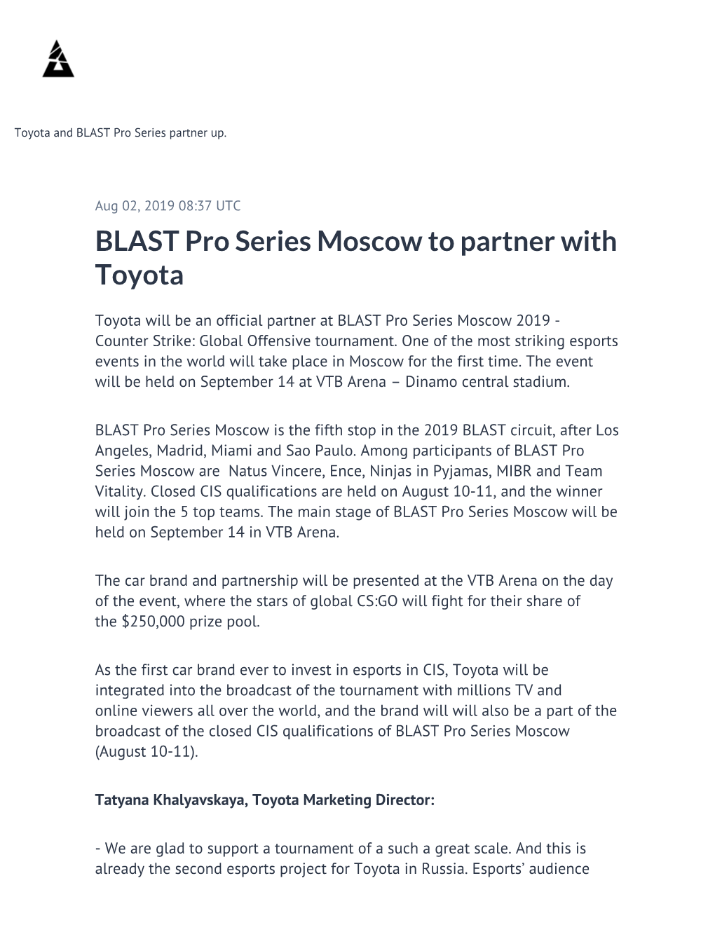 BLAST Pro Series Moscow to Partner with Toyota