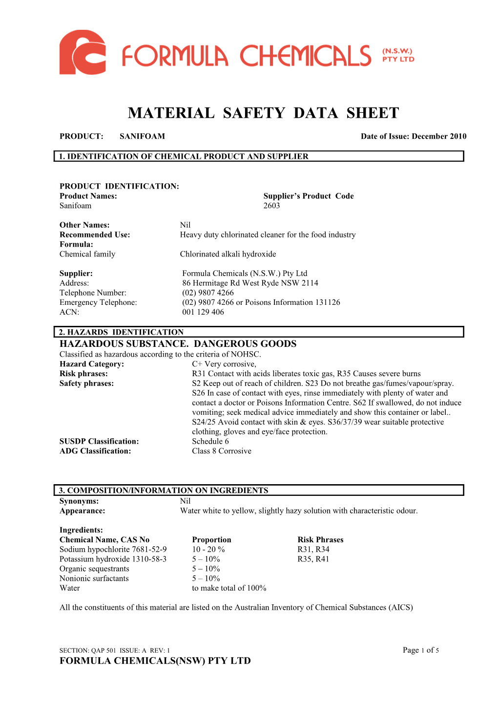 Material Safety Data Sheet s100