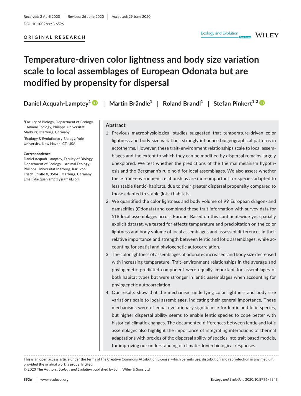 Driven Color Lightness and Body Size Variation Scale to Local Assemblages of European Odonata but Are Modified by Propensity for Dispersal