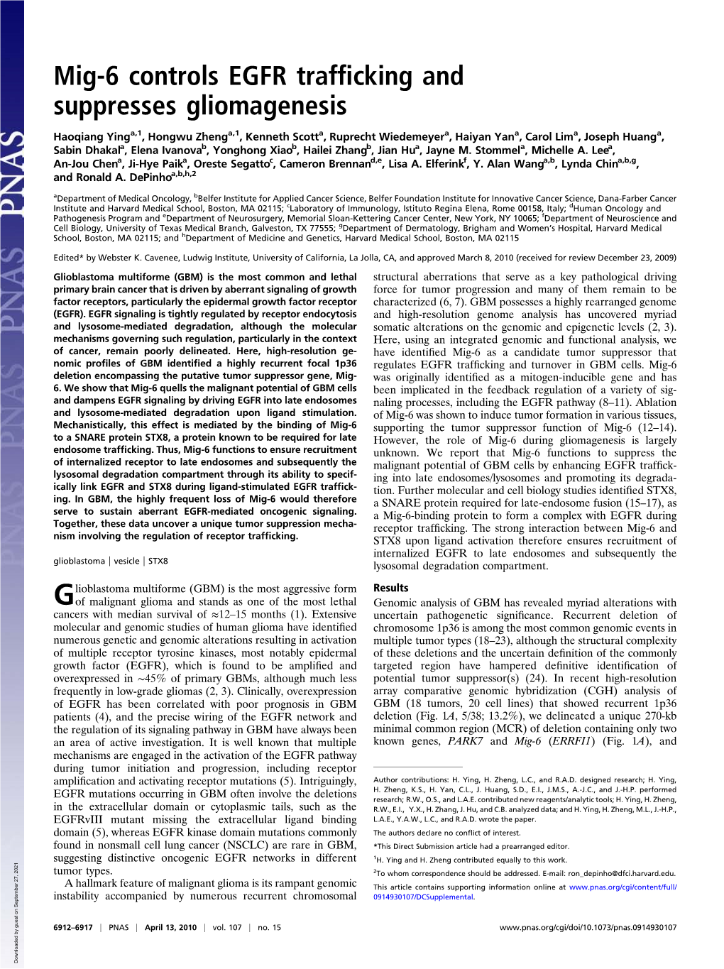 Mig-6 Controls EGFR Trafficking and Suppresses Gliomagenesis