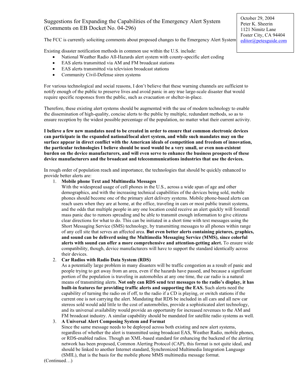 Suggestions for Expanding the Capabilities of the Emergency Alert System (Comments on EB Docket No. 04-296)