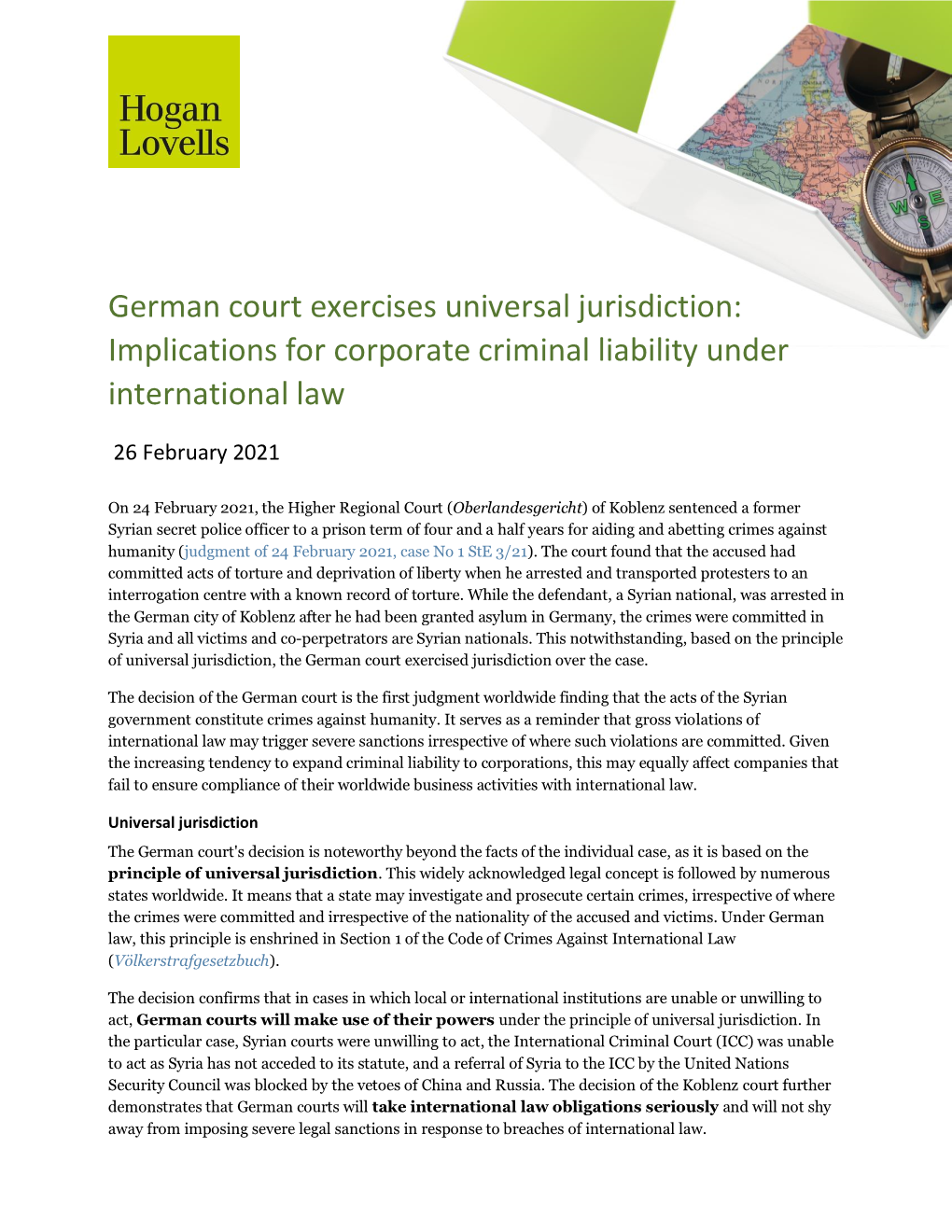 German Court Exercises Universal Jurisdiction: Implications for Corporate Criminal Liability Under International Law