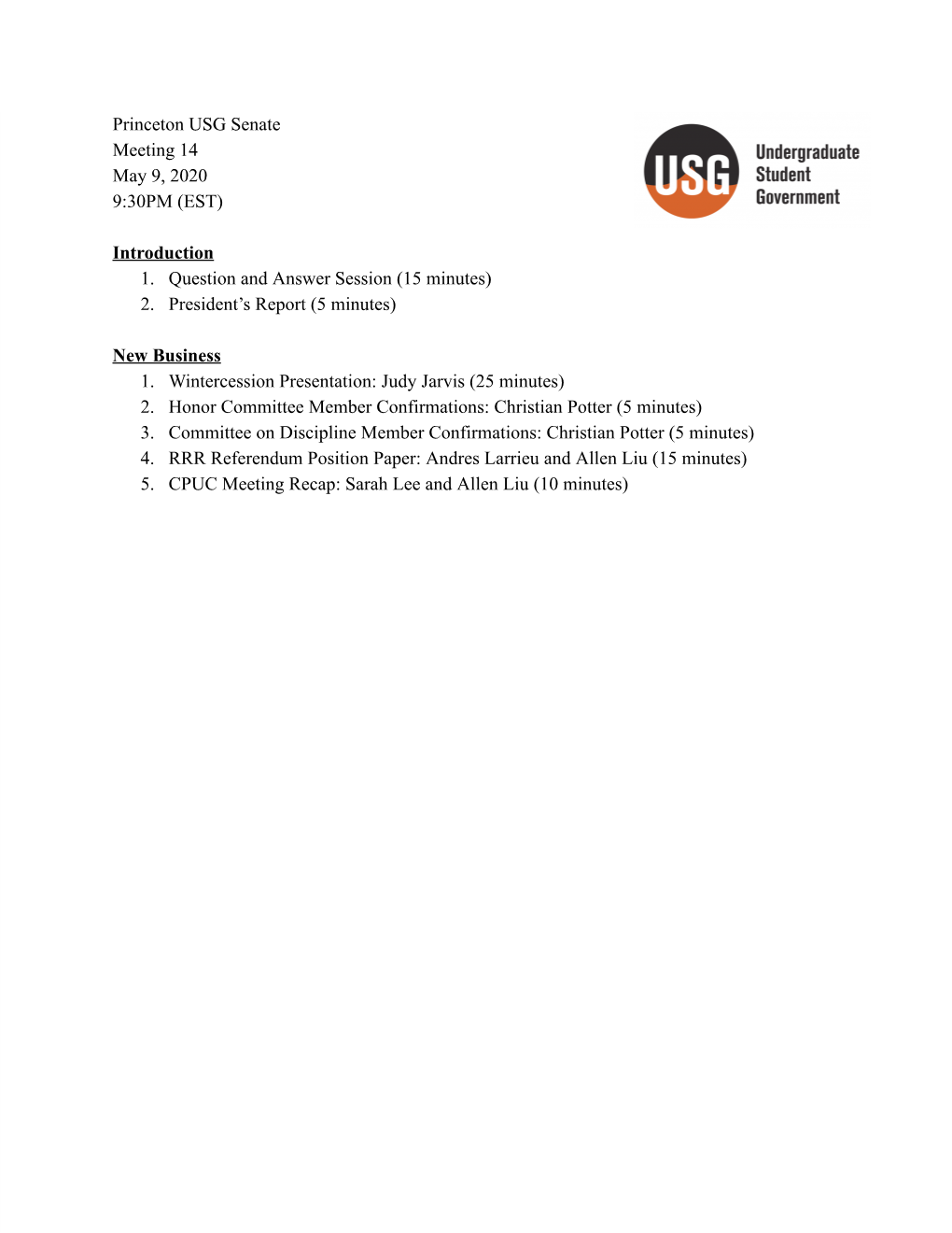 Princeton USG Senate Meeting 14 May 9, 2020 9:30PM (EST)