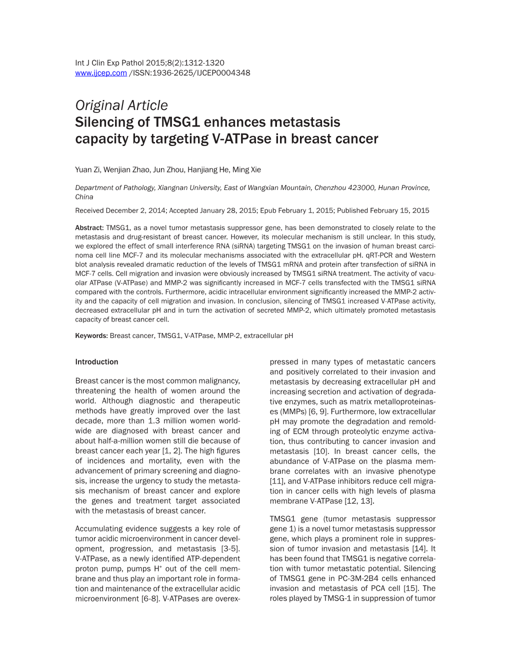 Original Article Silencing of TMSG1 Enhances Metastasis Capacity by Targeting V-Atpase in Breast Cancer