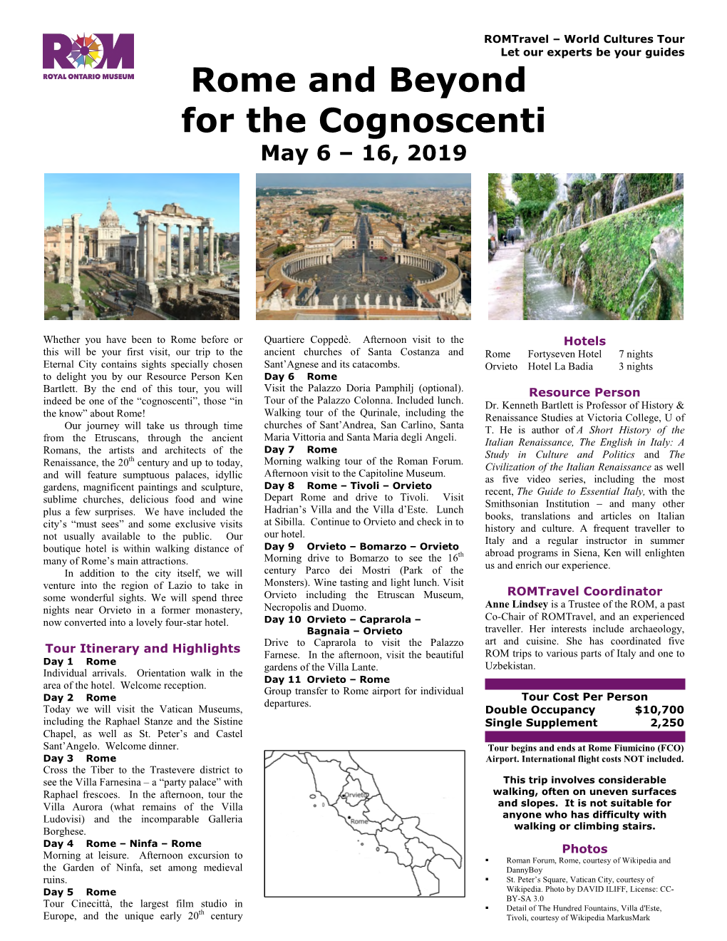 Rome and Beyond for the Cognoscenti May 6 – 16, 2019