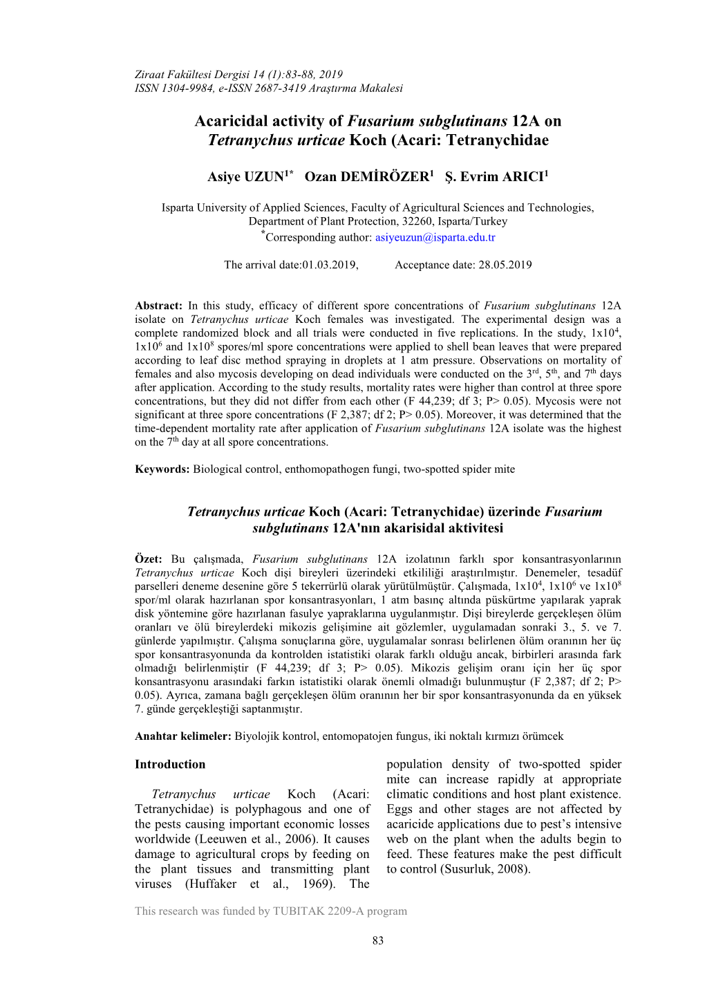 Acaricidal Activity of Fusarium Subglutinans 12A on Tetranychus Urticae Koch (Acari: Tetranychidae