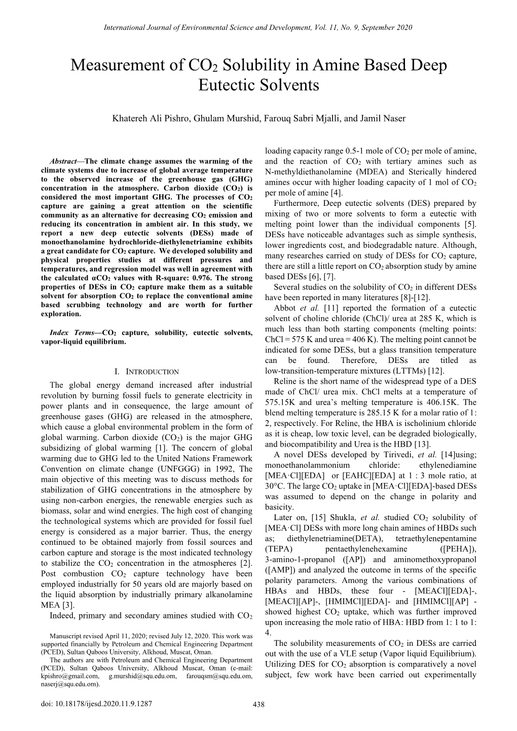 Measurement of CO2 Solubility in Amine Based Deep Eutectic Solvents