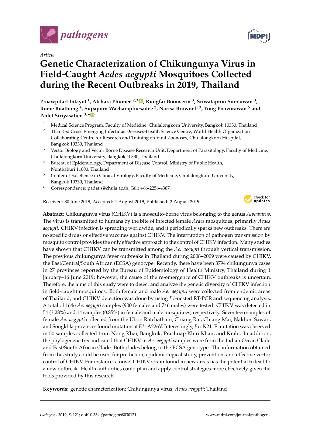 Genetic Characterization of Chikungunya Virus in Field-Caught Aedes Aegypti Mosquitoes Collected During the Recent Outbreaks in 2019, Thailand