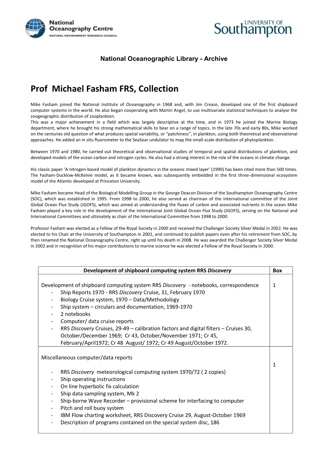 Prof Michael Fasham Collection