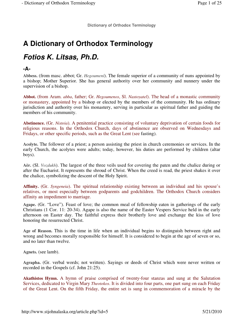 A Dictionary of Orthodox Terminology Fotios K. Litsas, Ph.D