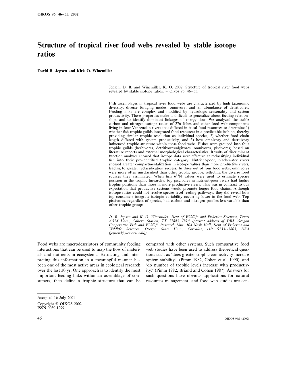 Structure of Tropical River Food Webs Revealed by Stable Isotope Ratios