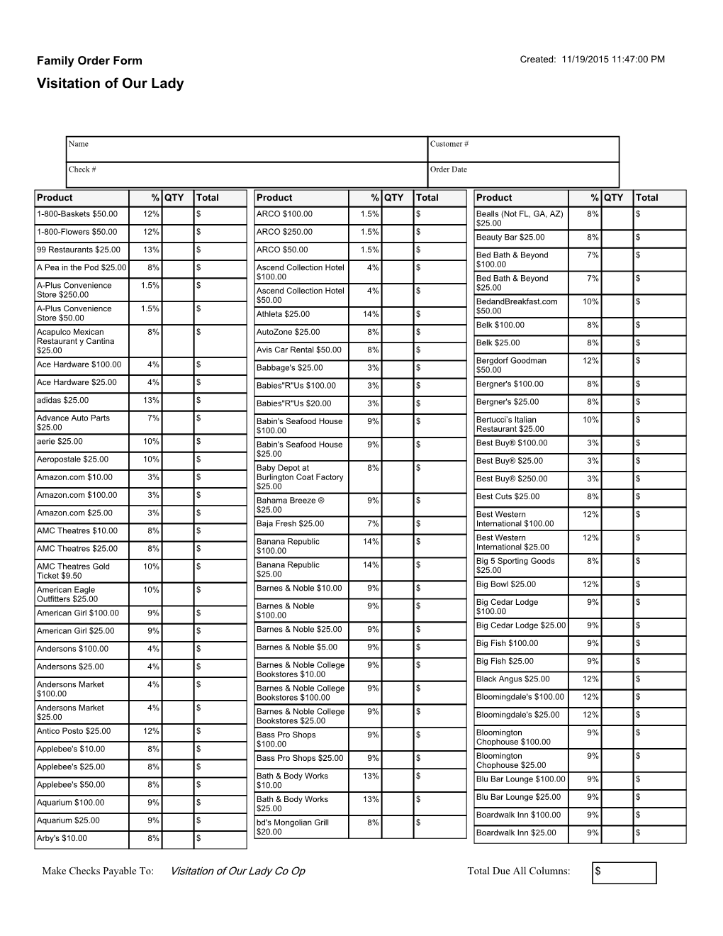 Order Form Created: 11/19/2015 11:47:00 PM Visitation of Our Lady