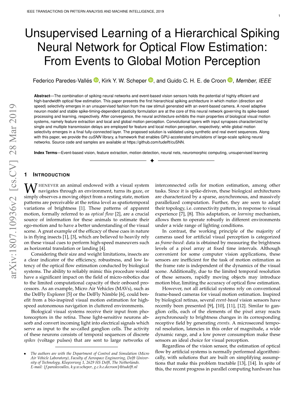 Unsupervised Learning of a Hierarchical Spiking Neural Network for Optical Flow Estimation: from Events to Global Motion Perception