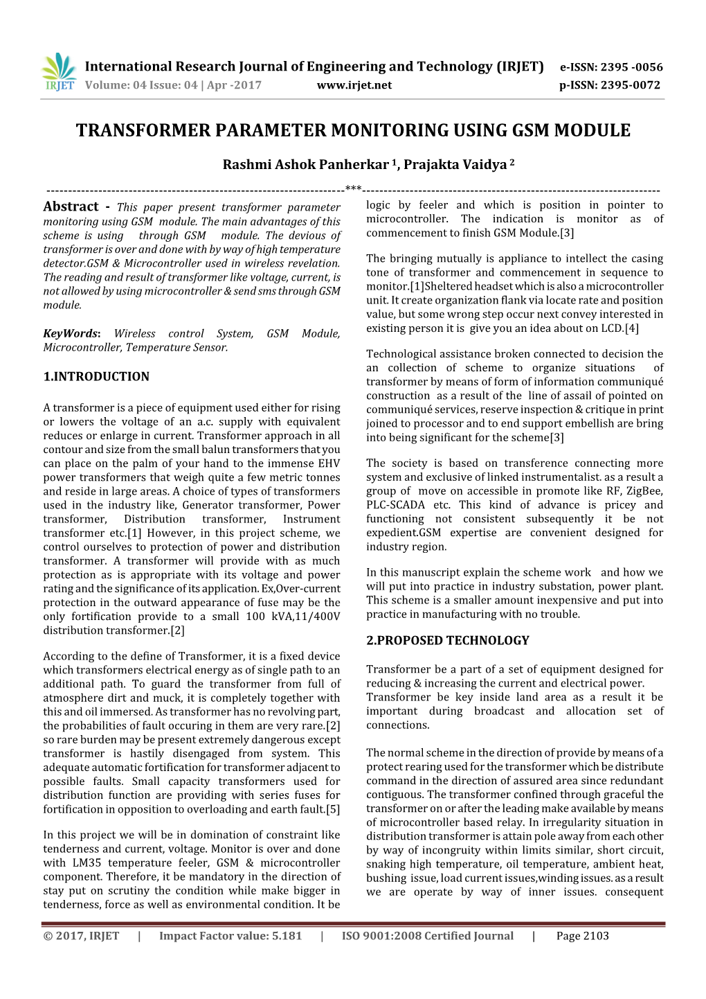 Transformer Parameter Monitoring Using Gsm Module