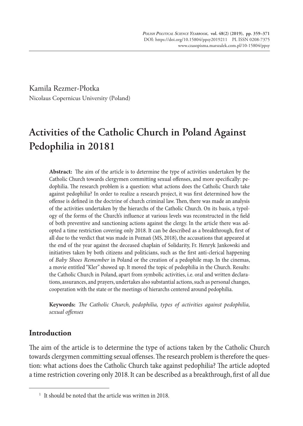 Activities of the Catholic Church in Poland Against Pedophilia in 20181