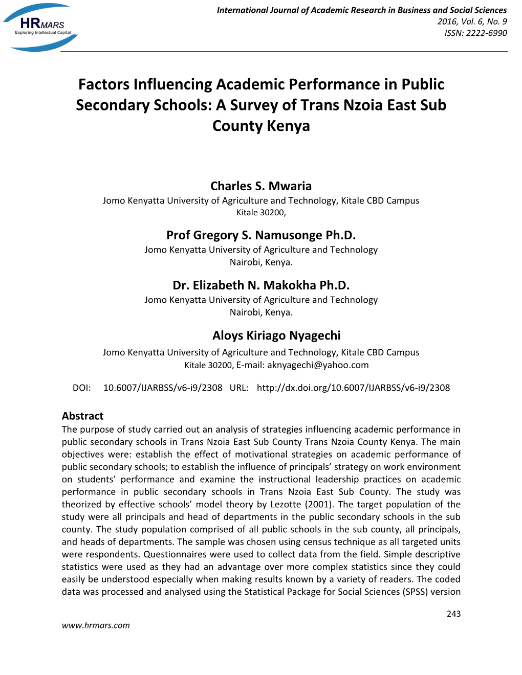 Factors Influencing Academic Performance in Public Secondary Schools: a Survey of Trans Nzoia East Sub County Kenya