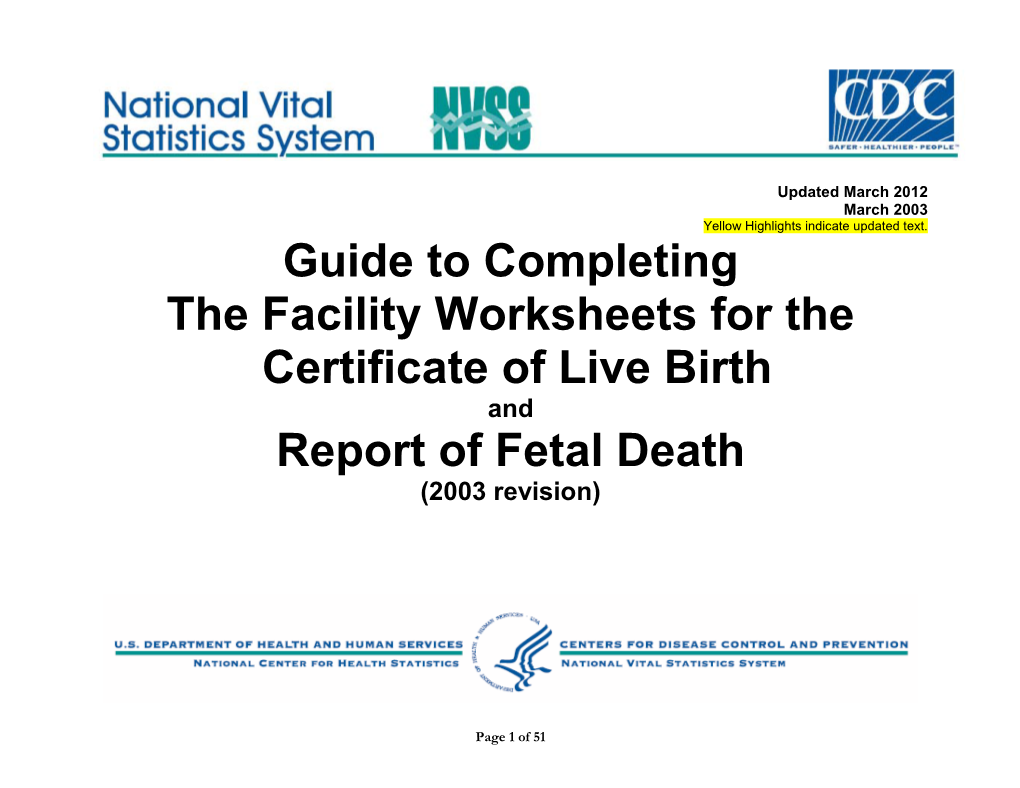 Guide to Completing the Facility Worksheets for the Certificate of Live Birth and Report of Fetal Death (2003 Revision)