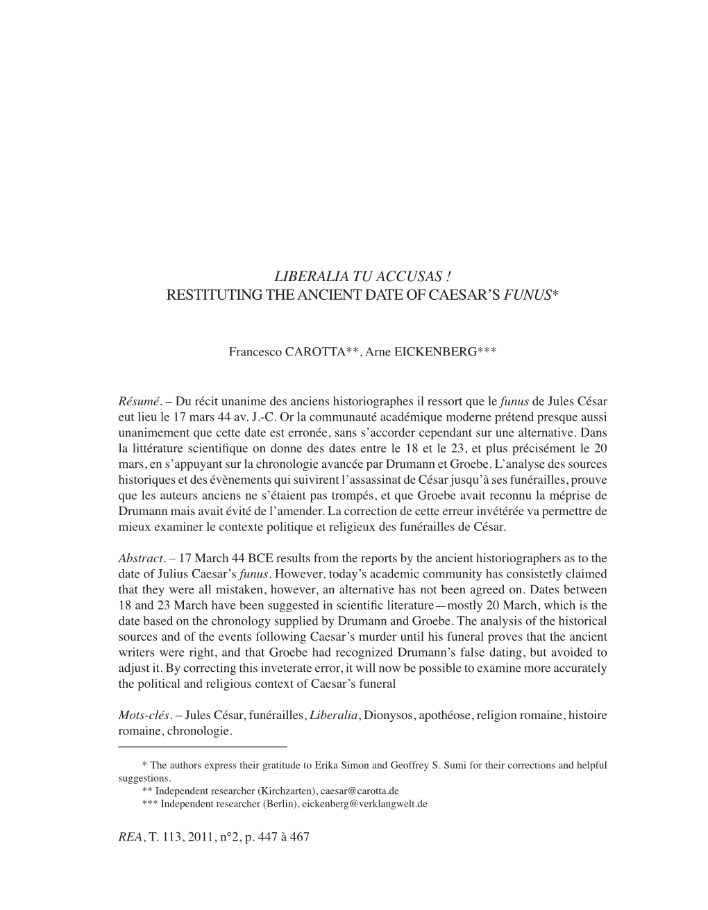 Liberalia Tu Accusas ! Restituting the Ancient Date of Caesar’S Funus*