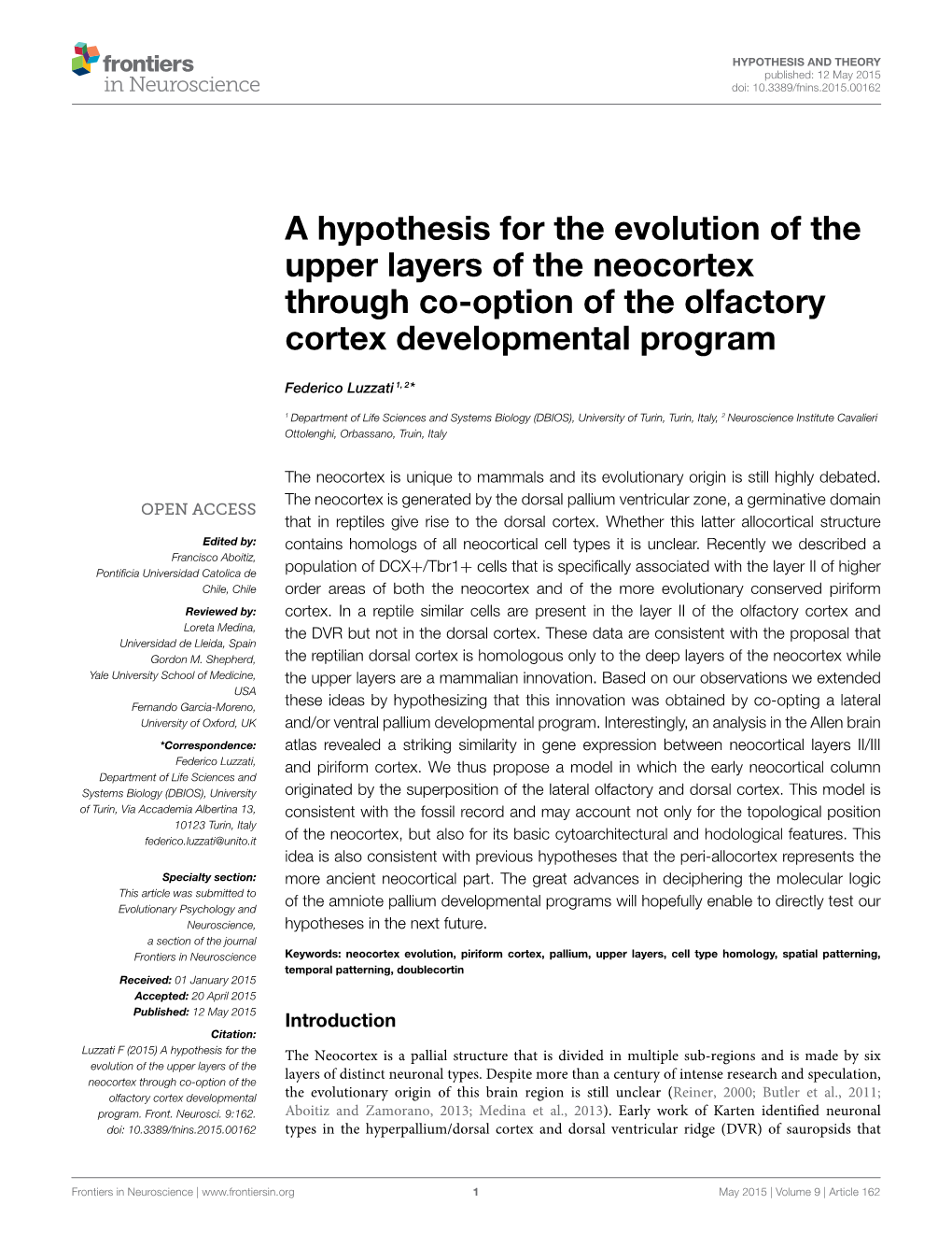 A Hypothesis for the Evolution of the Upper Layers of the Neocortex Through Co-Option of the Olfactory Cortex Developmental Program