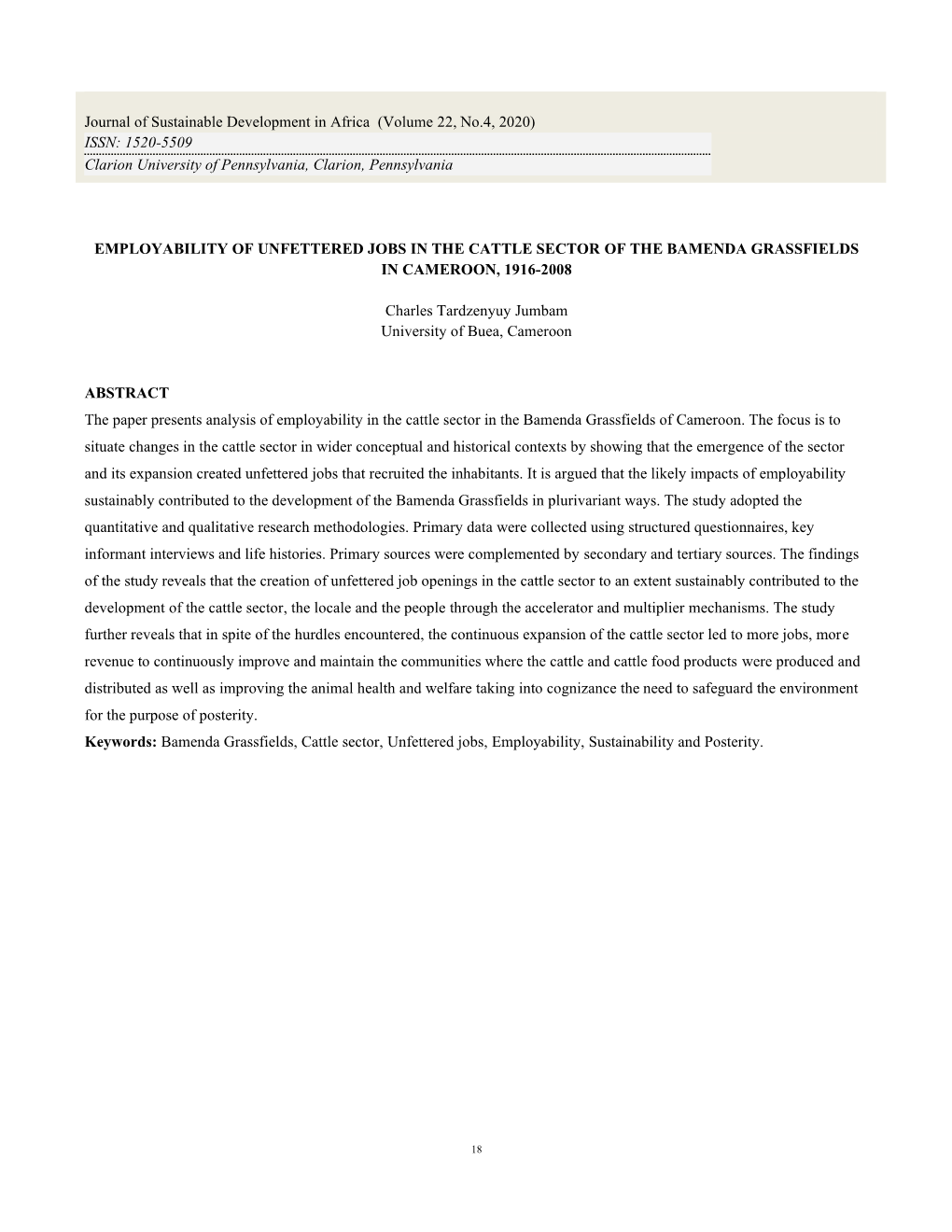 Employability of Unfettered Jobs in the Cattle Sector of the Bamenda Grassfields in Cameroon, 1916-2008