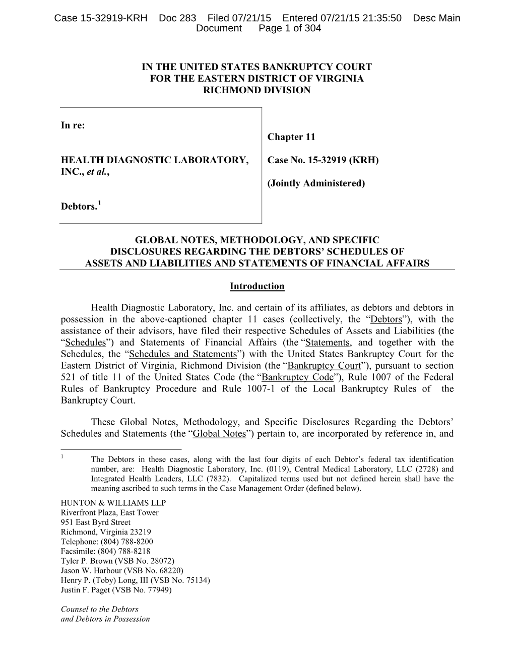 Case 15-32919-KRH Doc 283 Filed 07/21/15 Entered 07/21/15 21:35:50 Desc Main Document Page 1 of 304