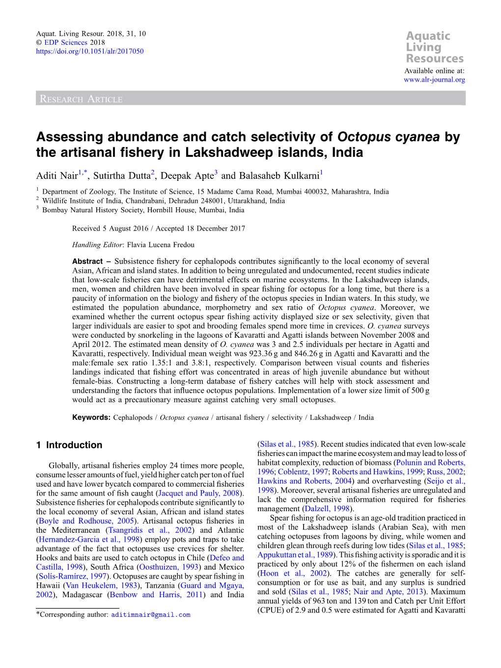 Assessing Abundance and Catch Selectivity of Octopus Cyanea by the Artisanal ﬁshery in Lakshadweep Islands, India