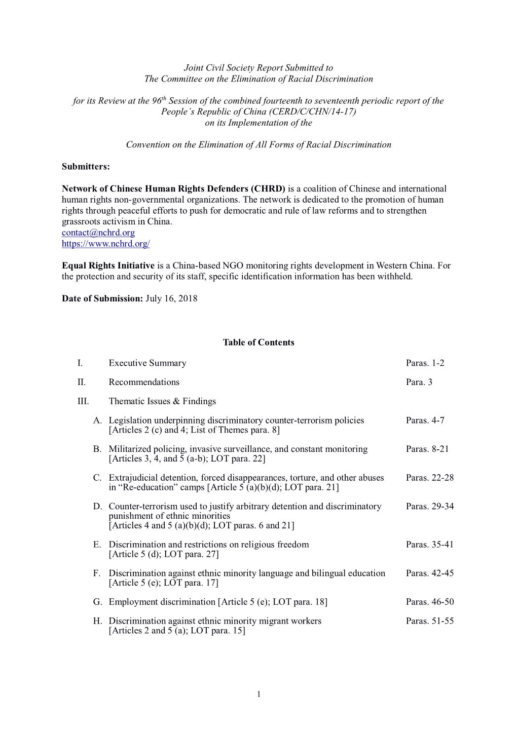 Joint Civil Society Report Submitted to the Committee on the Elimination of Racial Discrimination