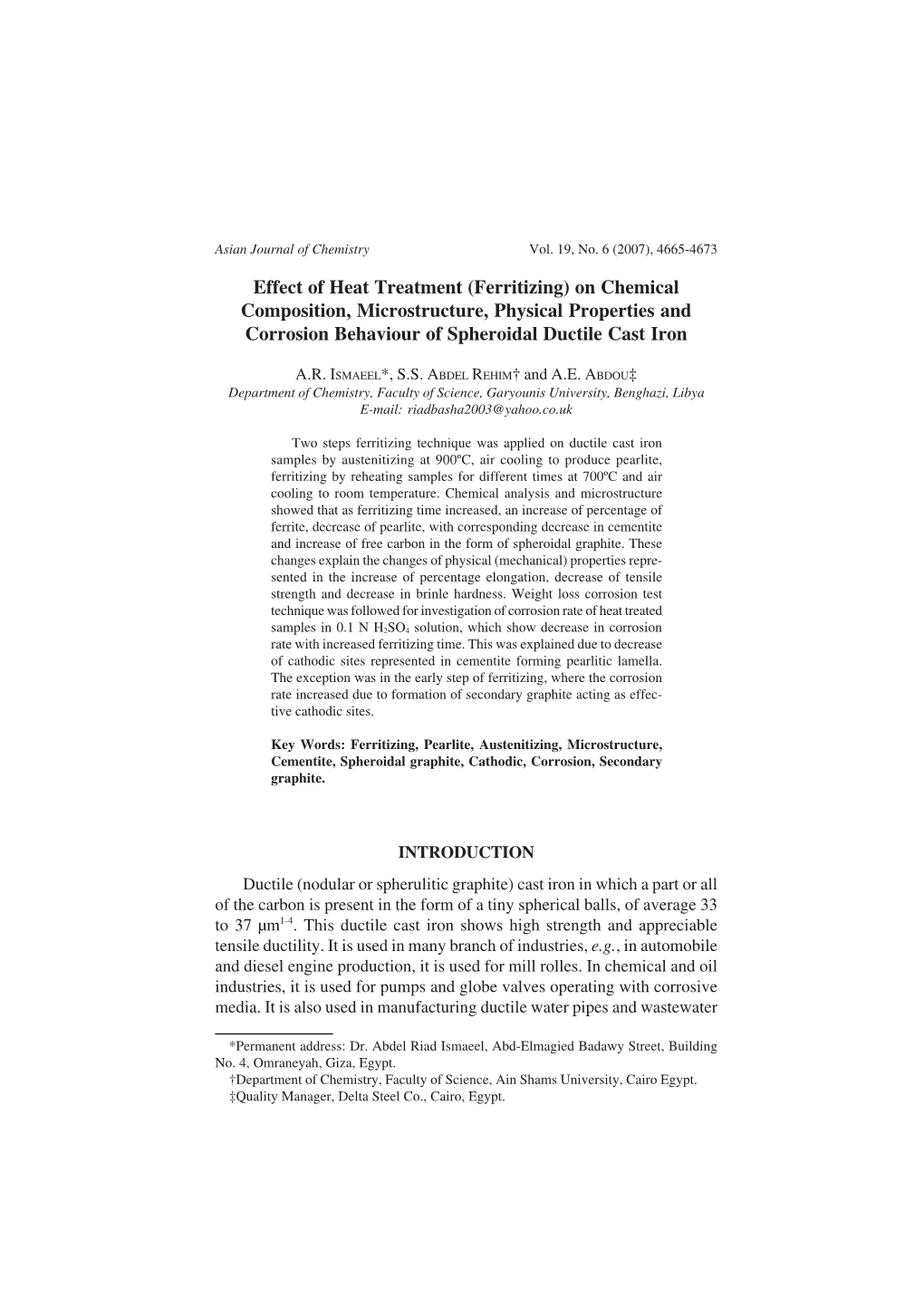 Effect of Heat Treatment (Ferritizing) on Chemical Composition, Microstructure, Physical Properties and Corrosion Behaviour of Spheroidal Ductile Cast Iron