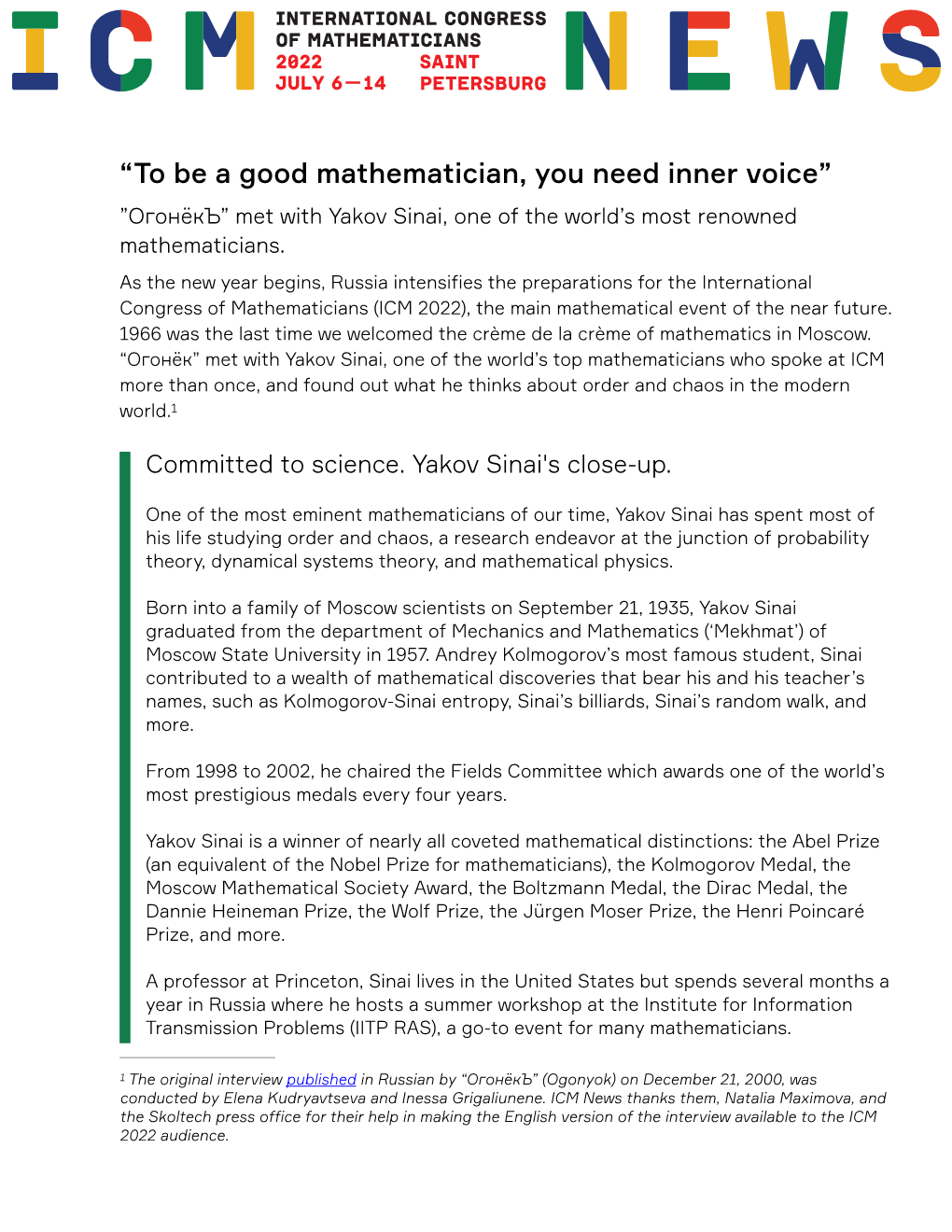 “To Be a Good Mathematician, You Need Inner Voice” ”Огонёкъ” Met with Yakov Sinai, One of the World’S Most Renowned Mathematicians