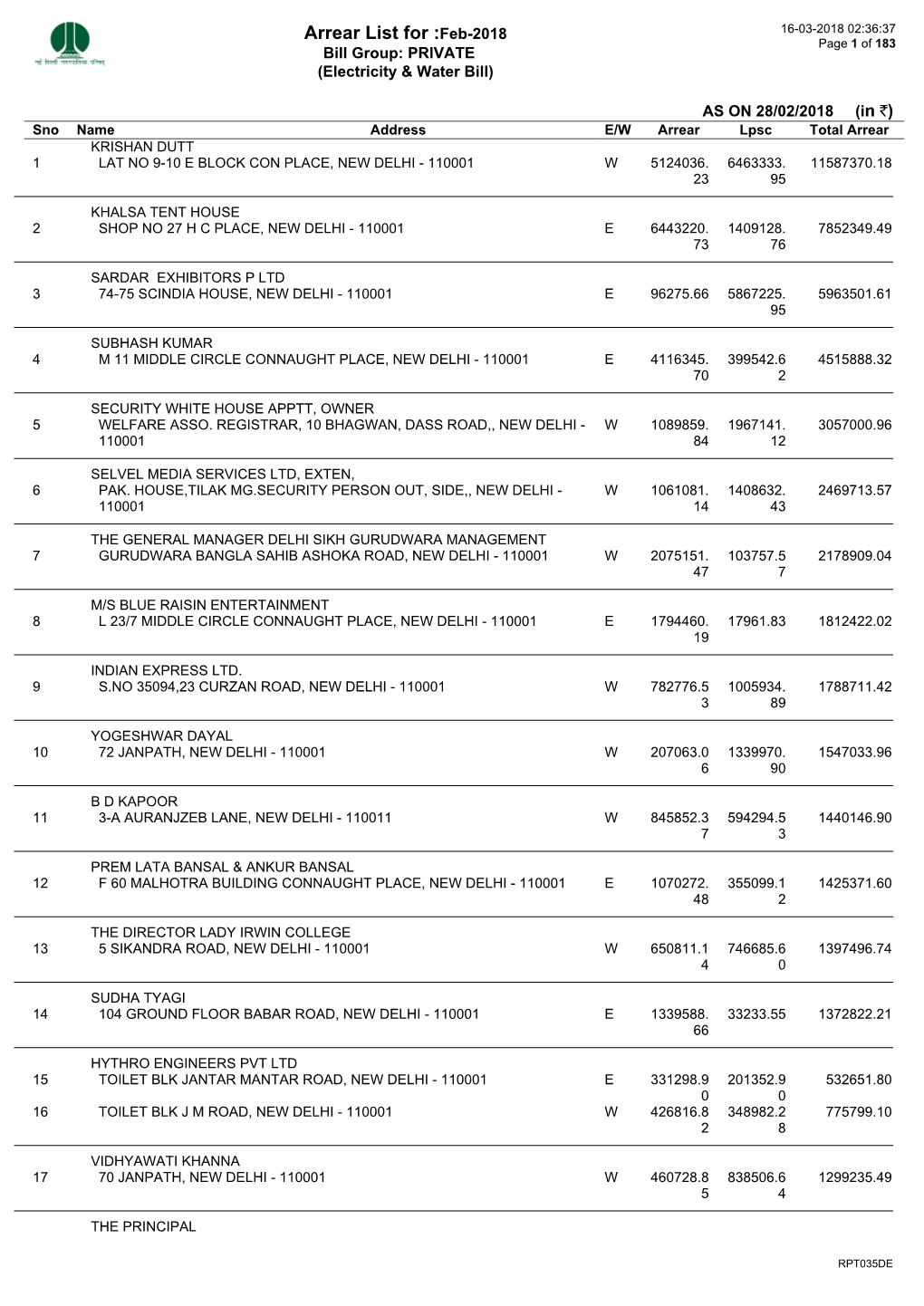 Arrear List for :Feb-2018 16-03-2018 02:36:37 Page 1 of 183 Bill Group: PRIVATE (Electricity & Water Bill)