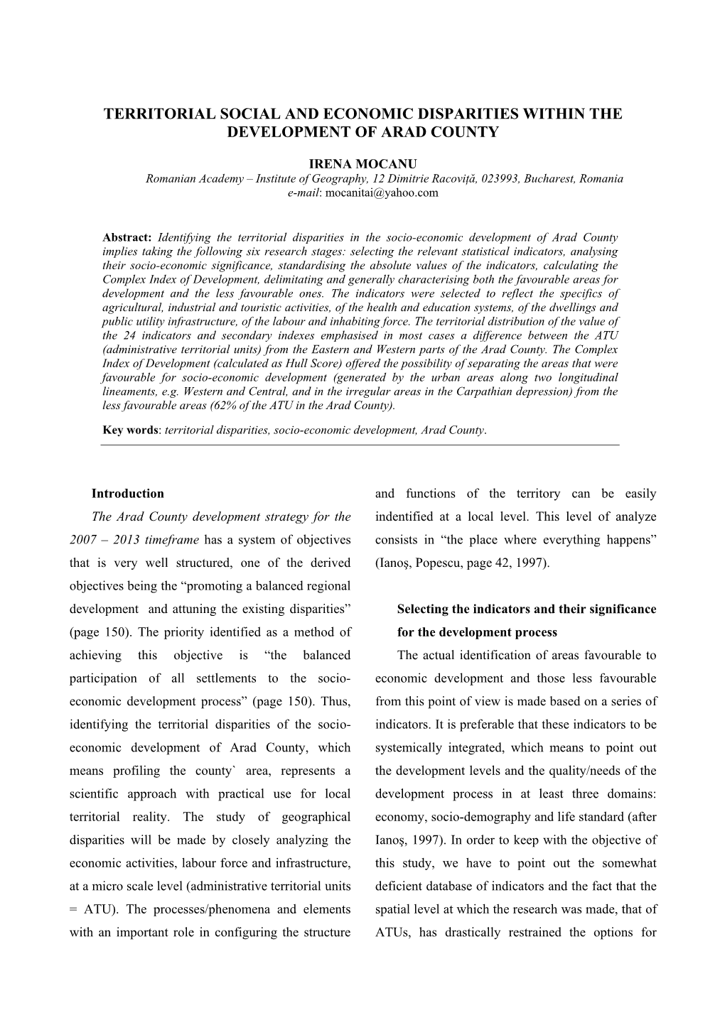 Territorial Social and Economic Disparities Within the Development of Arad County