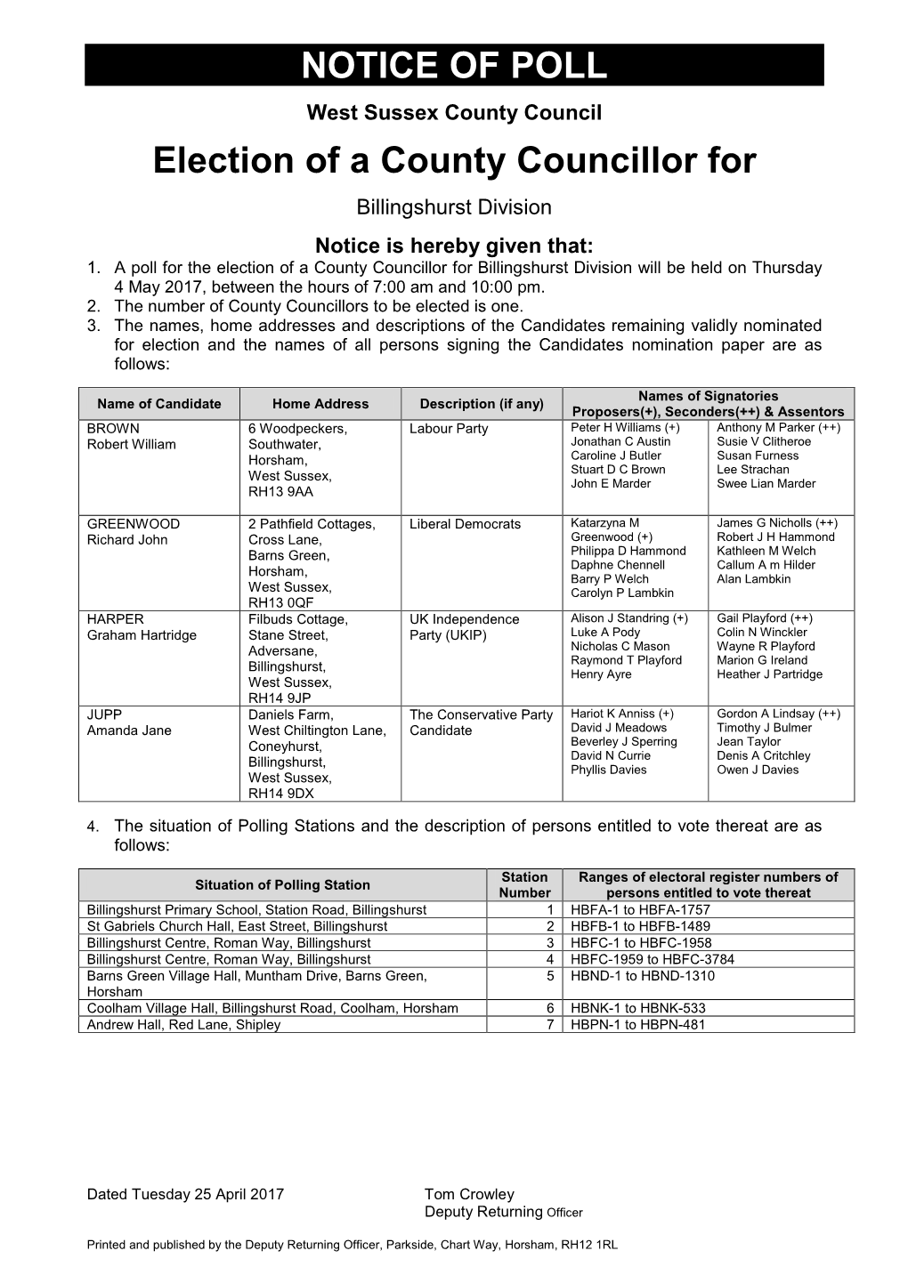 NOTICE of POLL Election of a County Councillor