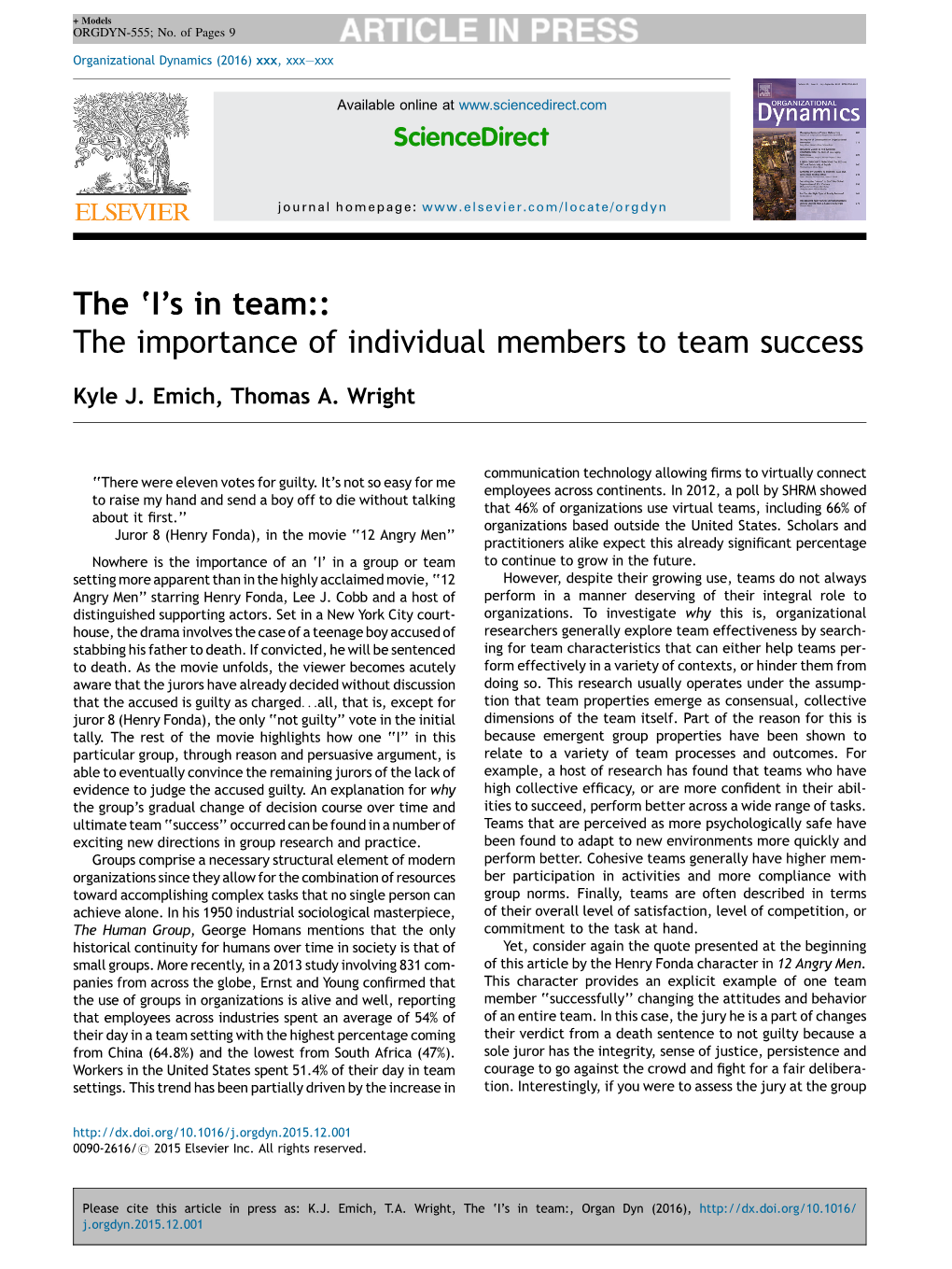 The 'I's in Team:: the Importance of Individual Members to Team Success