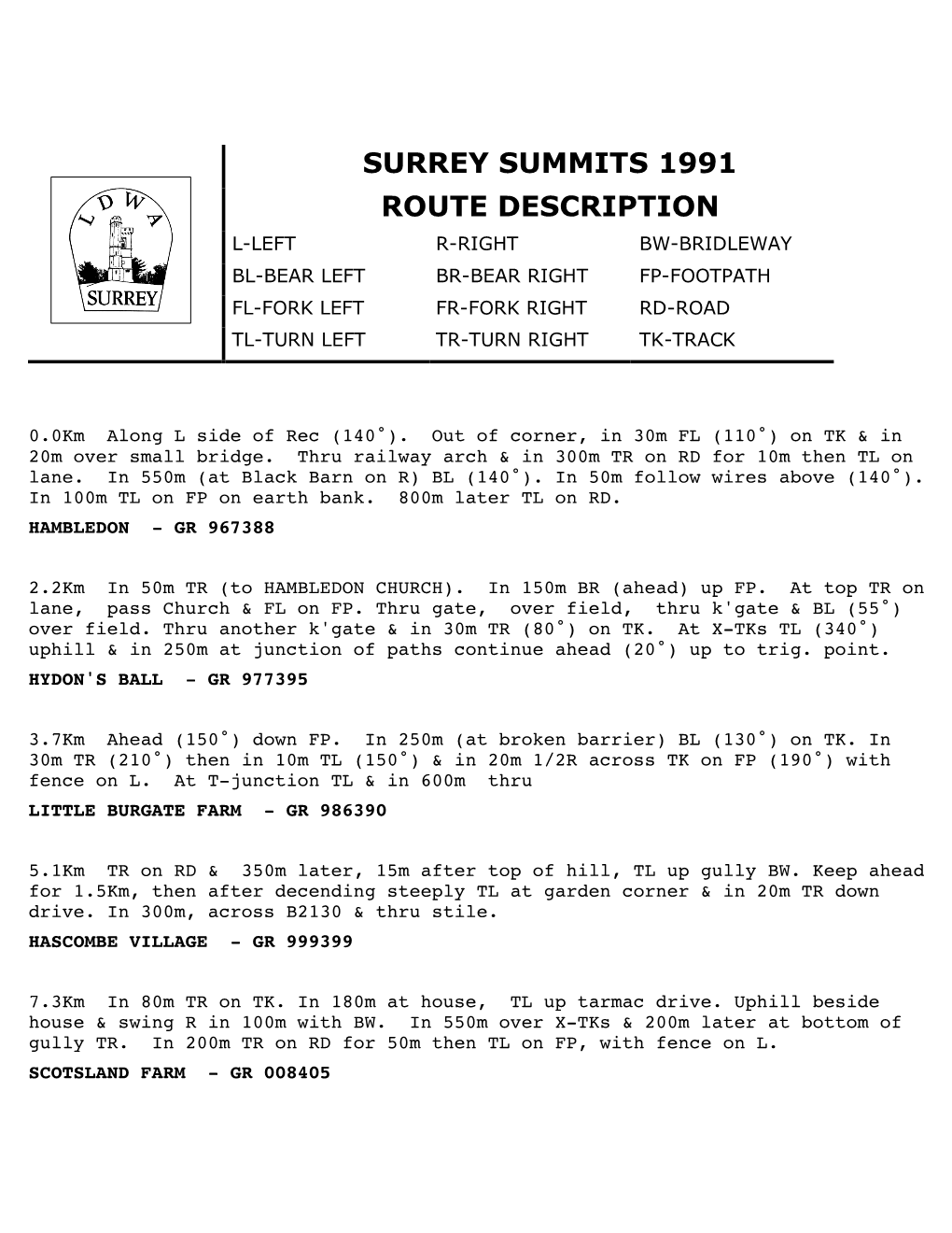 Surrey Summits 1991 Route Description