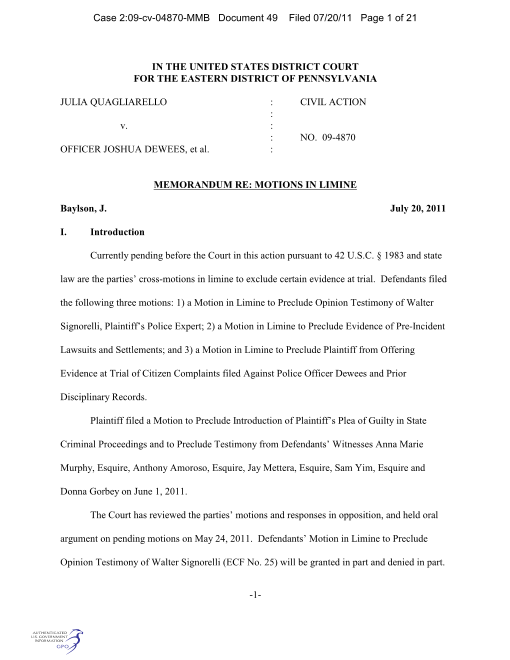 Case 2:09-Cv-04870-MMB Document 49 Filed 07/20/11 Page 1 of 21