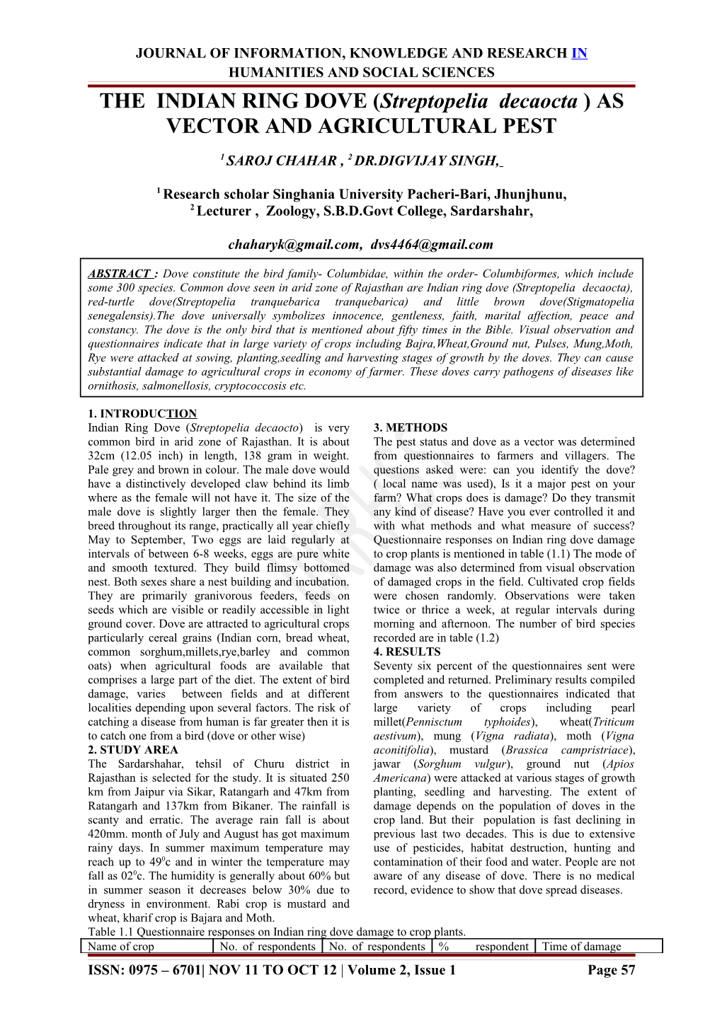 THE INDIAN RING DOVE (Streptopelia Decaocta ) AS VECTOR and AGRICULTURAL PEST